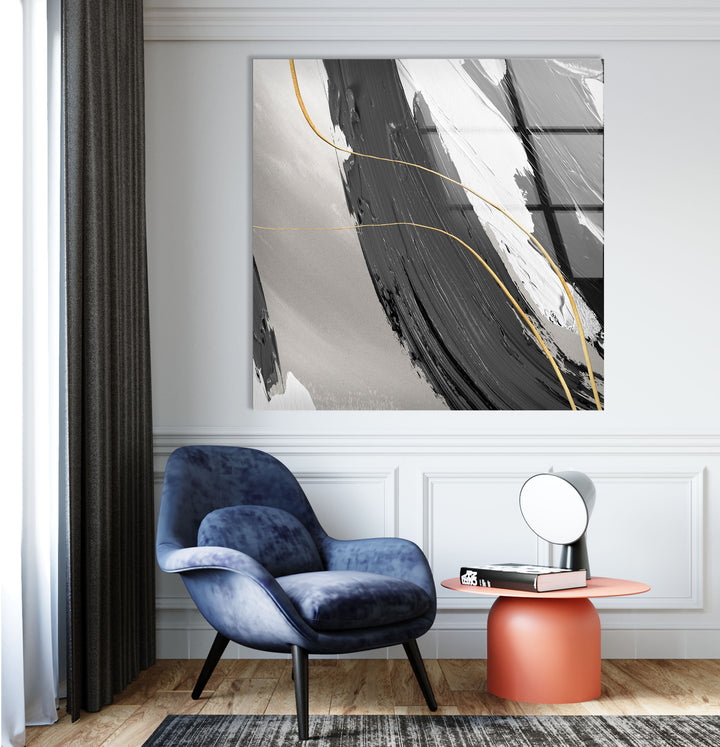 Monochrome Gold Abstract Wall Art – Glass Print for Modern Interiors