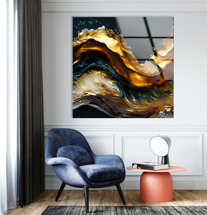 Golden Wave Abstract Wall Art – Luxury Glass Print for Interiors
