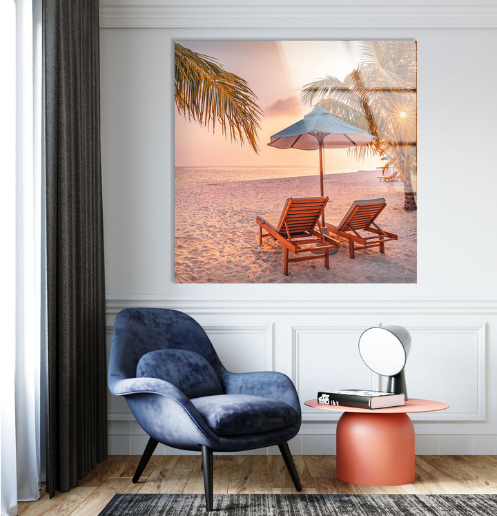 Tropical Beach Sunset Wall Art – Relaxing Seaside Glass Print