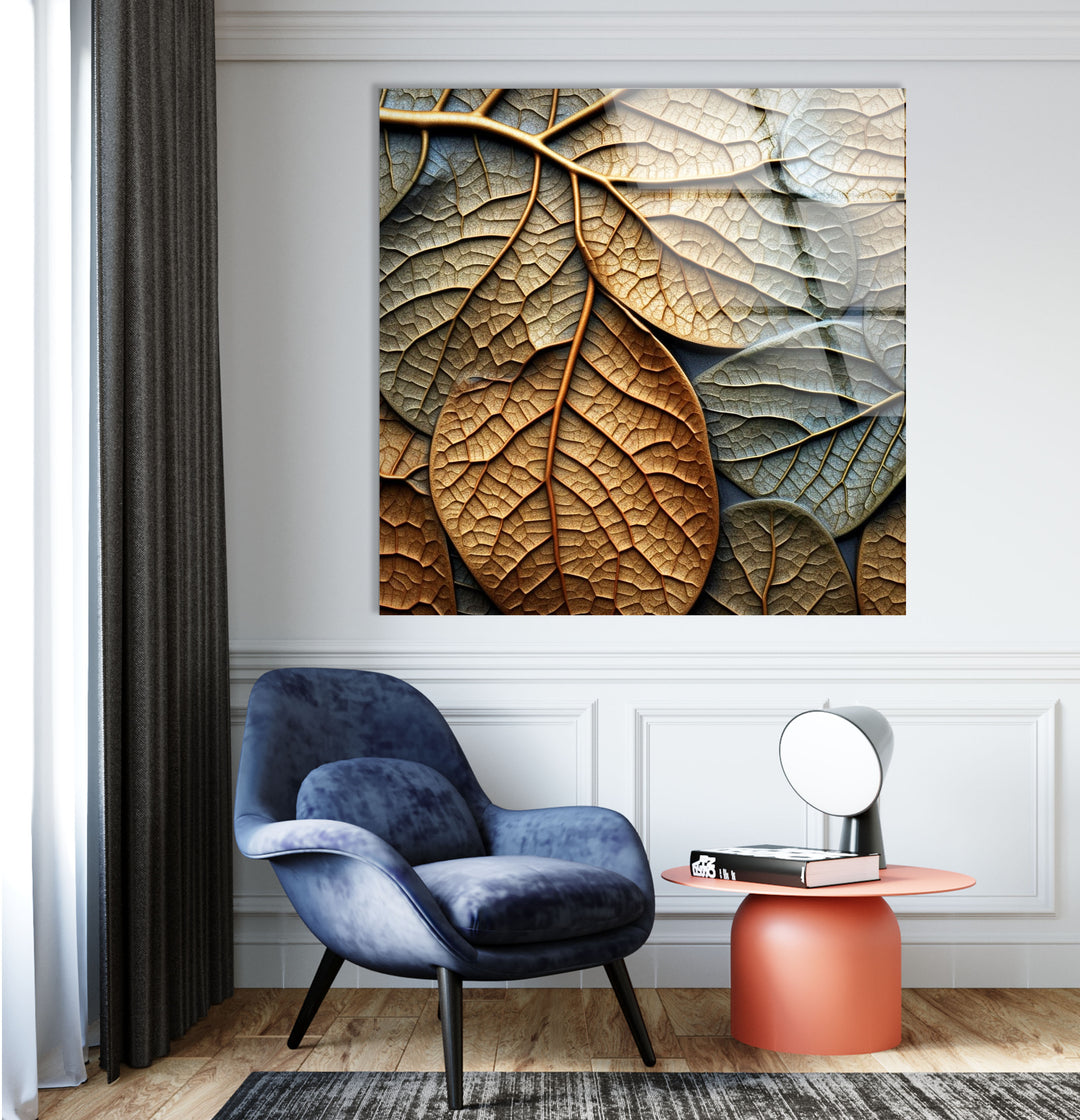 Golden Autumn Leaves Wall Art – Textured Nature Glass Decor