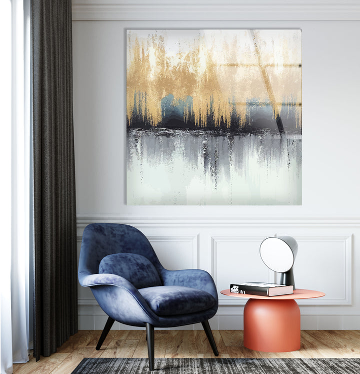 Modern Abstract Forest Wall Art – Neutral Gold Glass Print Decor