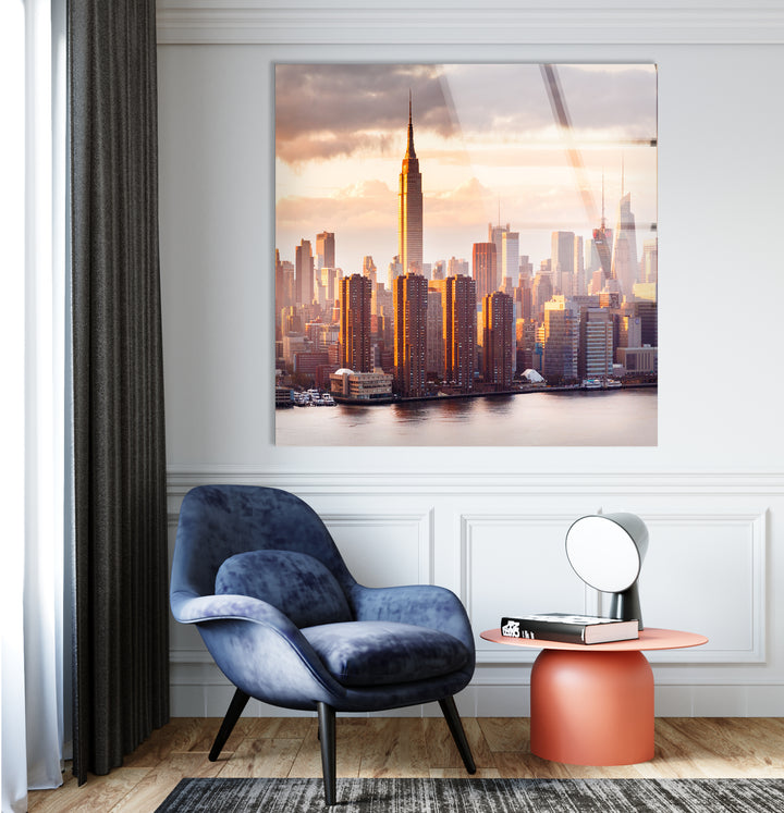Glaswandkunst des Empire State Buildings – Atemberaubende Skyline von NYC bei Sonnenuntergang
