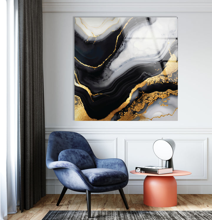 Schwarz-Gold-Marmor-Wandkunst – Luxuriöses abstraktes Glasdruck-Dekor 