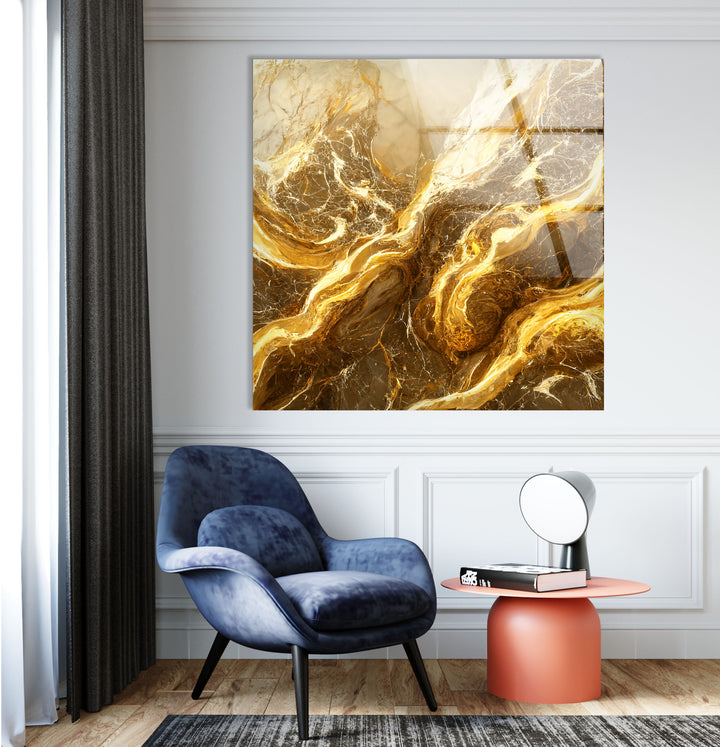 Abstrakte Wandkunst aus goldenem Marmor – Eleganter Glasdruck für Innenräume 
