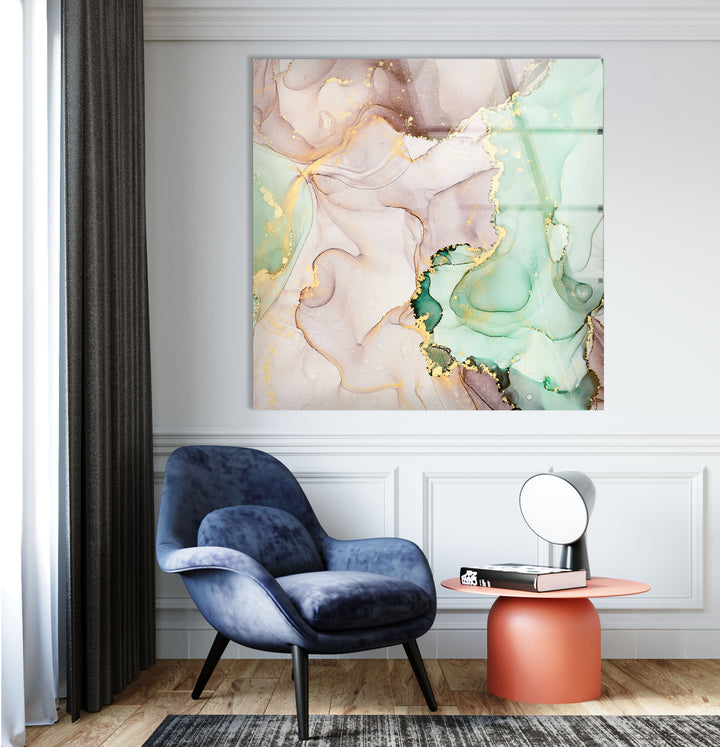 Mint & Gold Marble Wall Art – Pastel Abstract Glass Print Decor