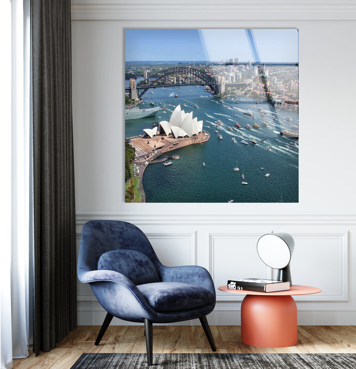 Glaswandkunst des Sydney Opera House – Ikonischer Blick auf Australiens Wahrzeichen und die Harbour Bridge