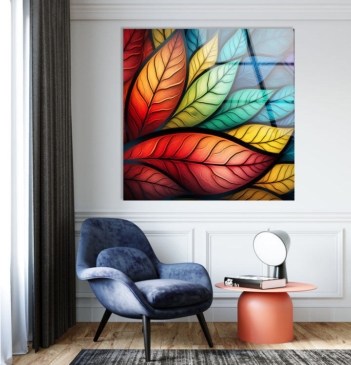 Vibrant Rainbow Leaves Wall Art – Colorful Abstract Glass Print