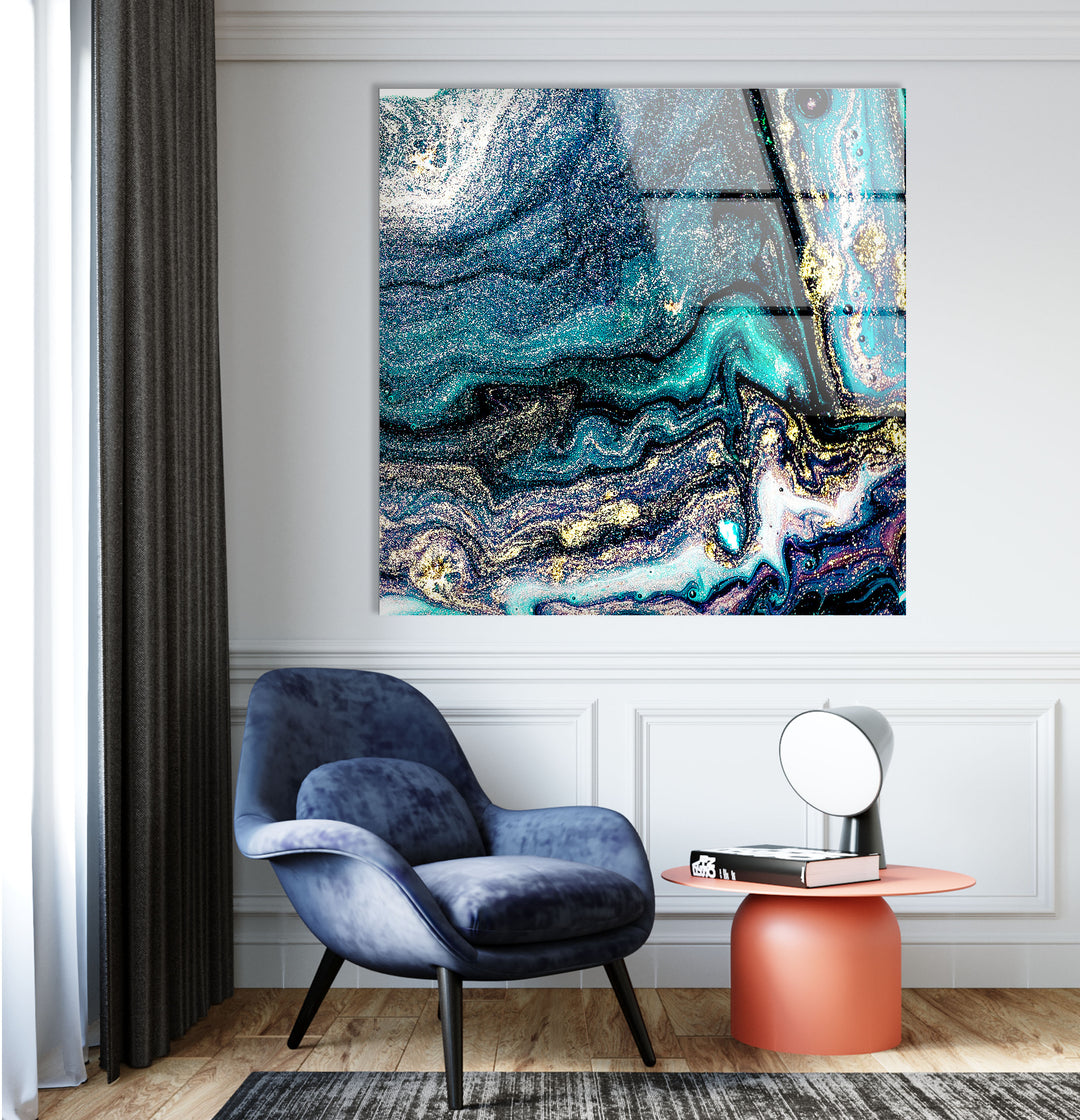 Galaxy Marble Wall Art | Teal Gold Abstract Glass Print for Walls