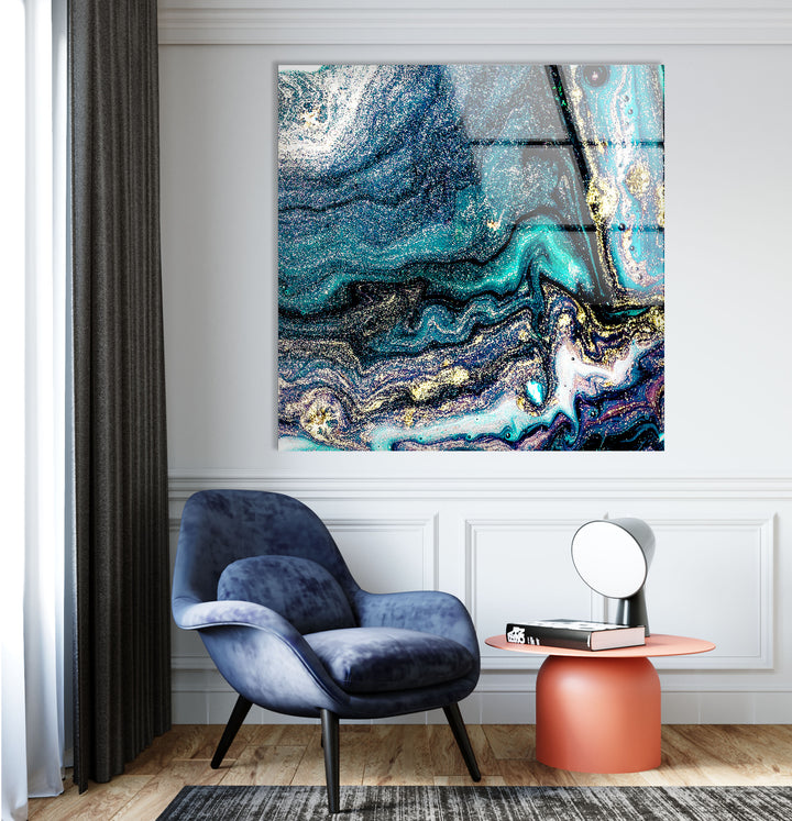 Galaxy Marble Wall Art | Teal Gold Abstract Glass Print for Walls