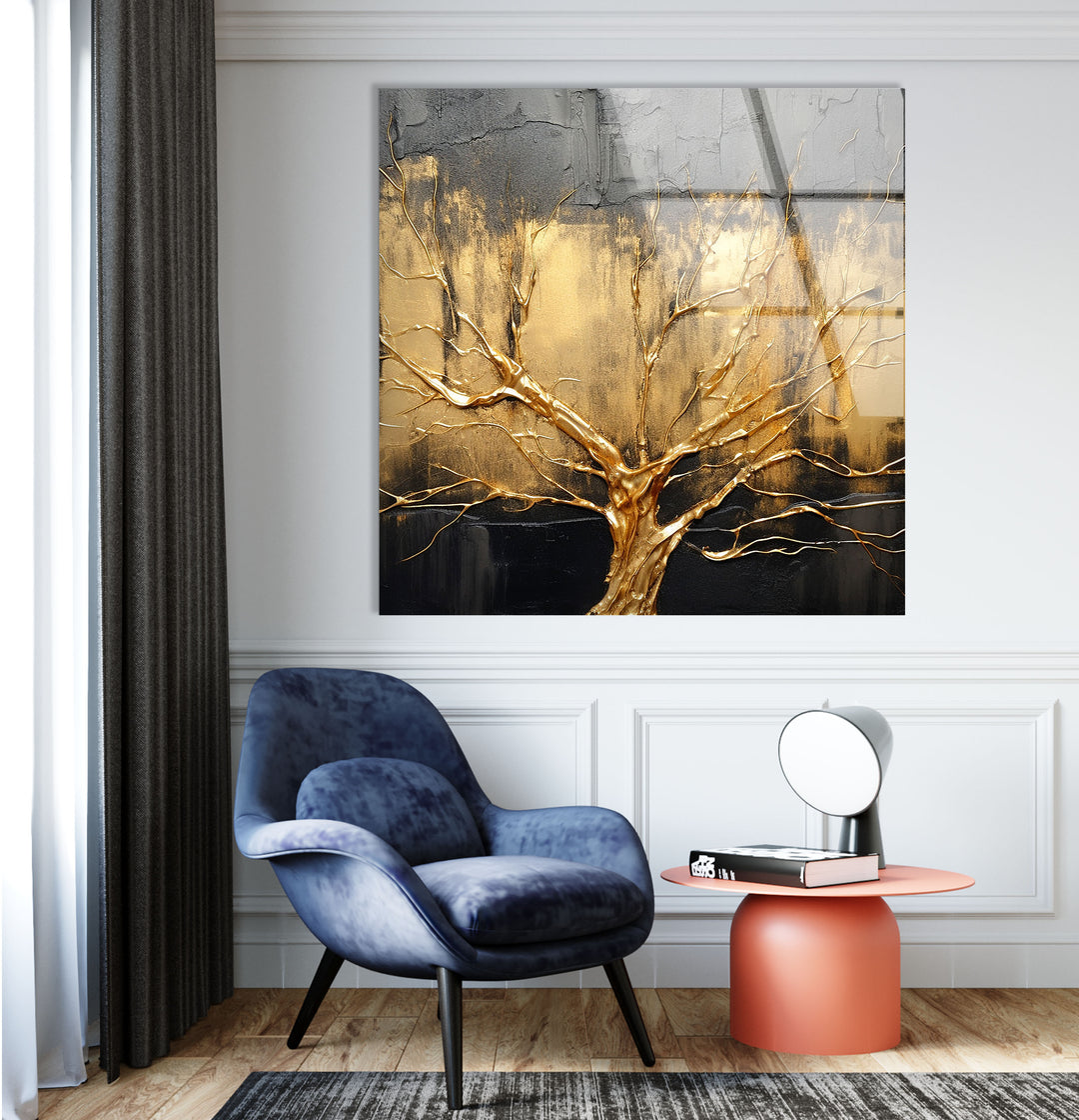 Gold Tree Wall Art – Elegant Abstract Nature Design on Glass