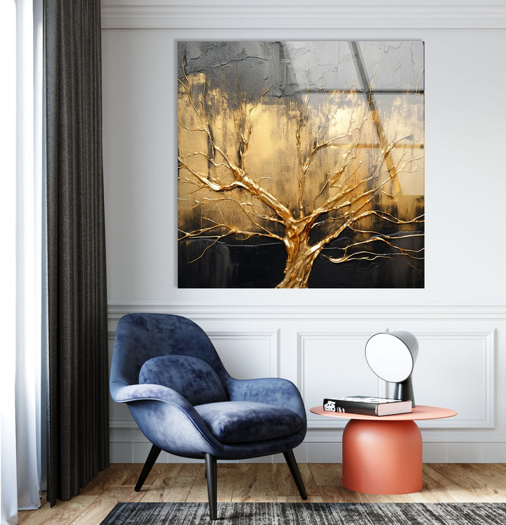 Gold Tree Wall Art – Elegant Abstract Nature Design on Glass