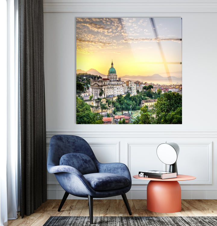 Glaswandkunst mit Blick auf die Skyline von Neapel bei Sonnenuntergang – Ikonisches italienisches Stadtbild mit Blick auf den Vesuv