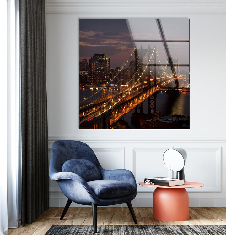 Brooklyn Bridge Glaswandkunst – Atemberaubender Nachtblick auf die ikonische
