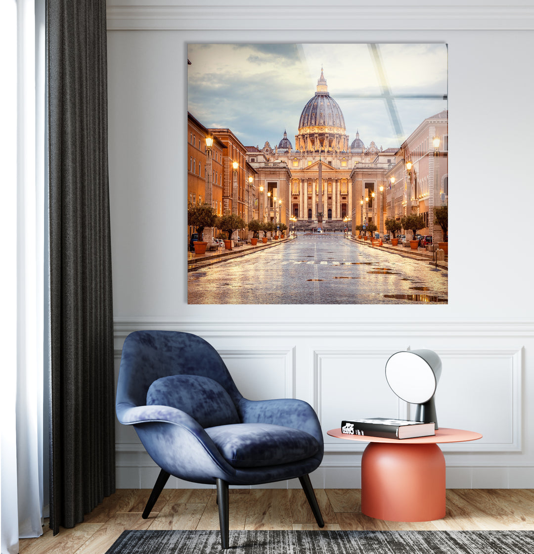 Glaswandkunst Vatikanstadt – Majestätischer Blick auf den Petersdom in der Abenddämmerung