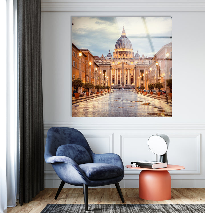 Glaswandkunst Vatikanstadt – Majestätischer Blick auf den Petersdom in der Abenddämmerung