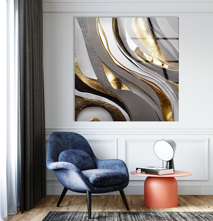 Luxuriöse Wandkunst in Silber und Gold – Abstrakter Glasdruck für Innenräume 