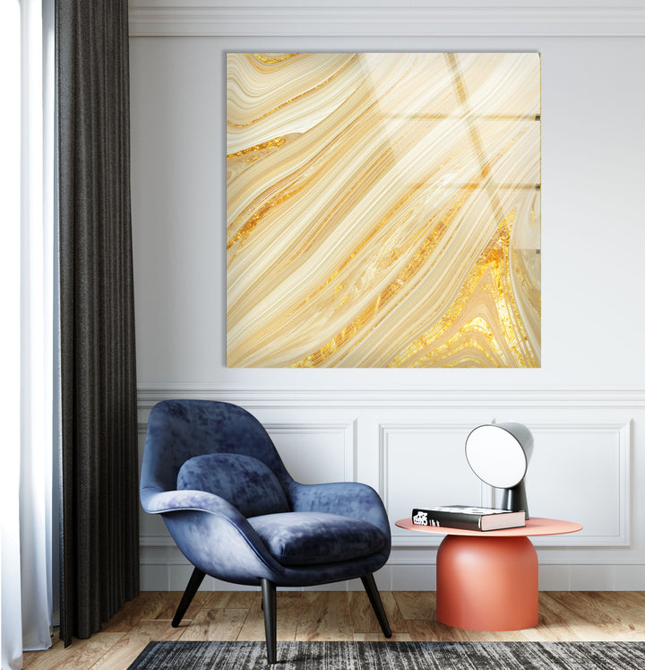 Golden Swirl Wall Art – Abstract Marble Glass Print for Luxe Spaces