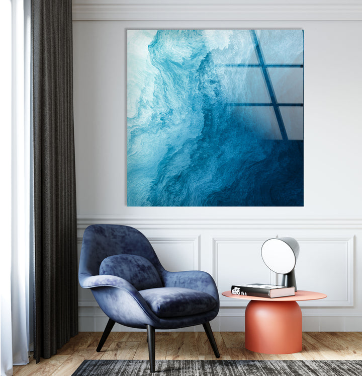Ocean Blue Abstract Wall Art – Fluid Wave-Inspired Glass Print