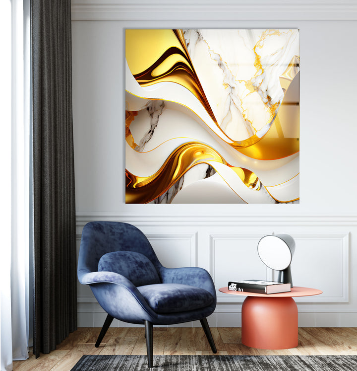 Gold Wave Marble Wall Art – Abstract Glass Print for Luxe Interiors