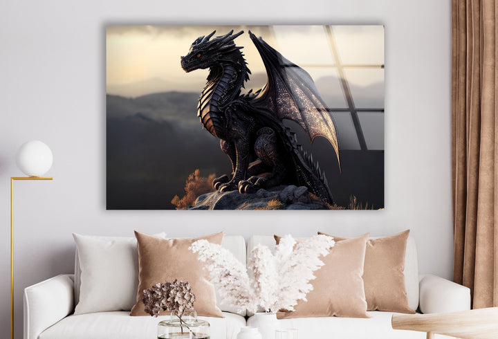 Majestic dragon with intricate details, standing tall in a serene and mystical landscape.

