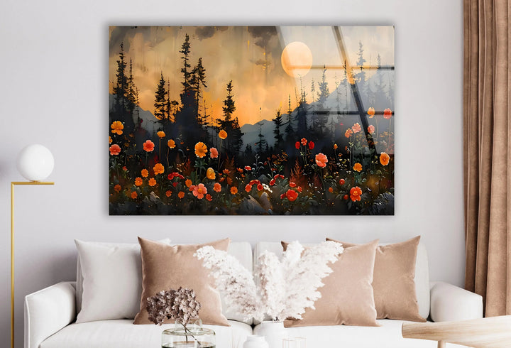 Full Moon & Flowers Glass Wall Art custom glass pictures, glass art prints

