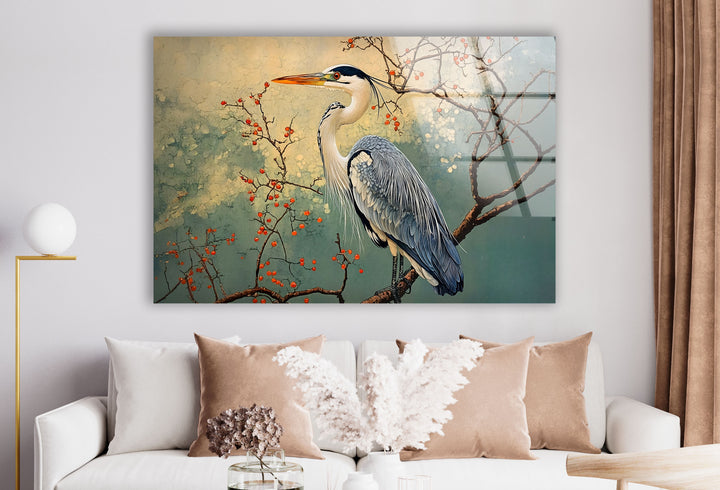 Blühende Gelassenheit – Reiher unter Blüten – Glaswandkunst