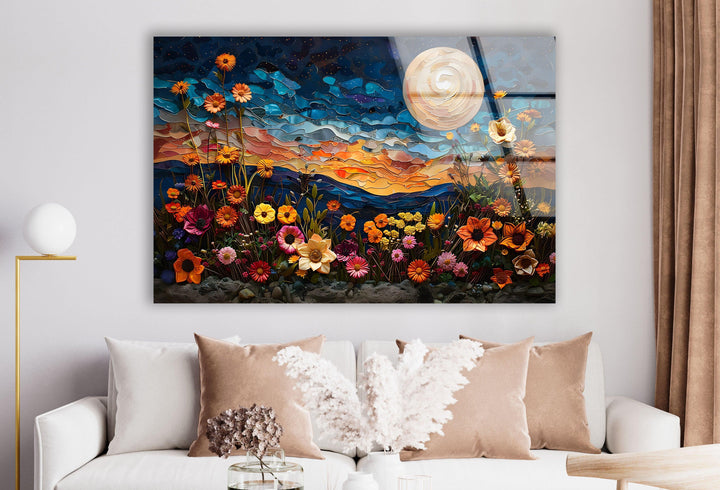 Oil Art Night Sunset & Flowers Glass Wall Art Glass Printing Wall Art, Print photos on glass
