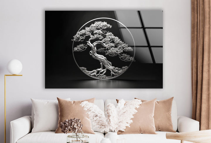 Bonsai Tree Silver Glass Wall Art picture on glass wall art, photos printed on glass
