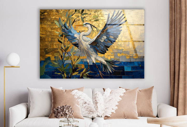 Golden Ascent – ​​Reiher im Flug – Glaswandkunst