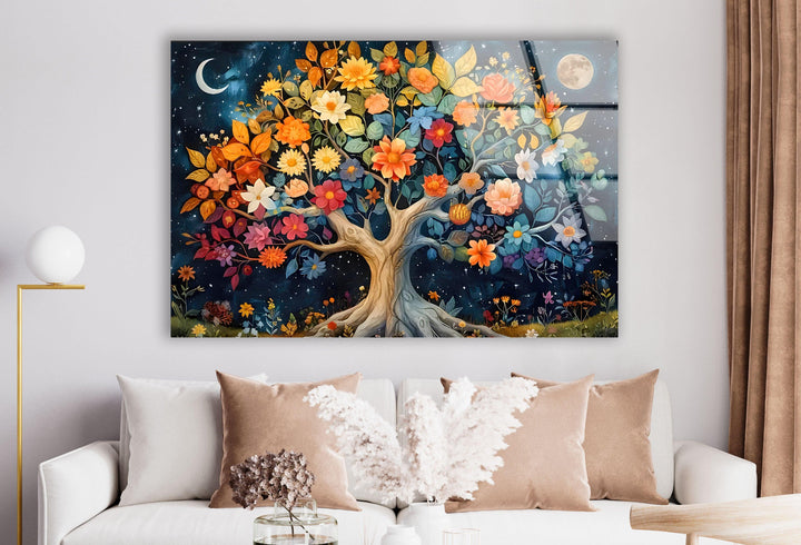 Colored Flower Tree Night Glass Wall Art large glass photo prints, glass wall photos
