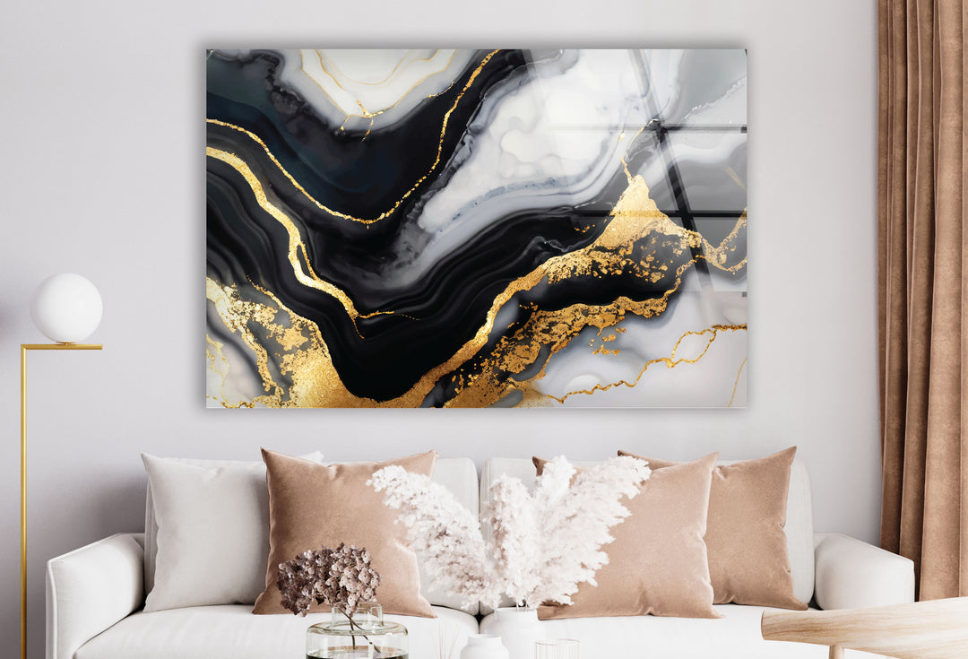 Schwarz-Gold-Marmor-Wandkunst – Luxuriöses abstraktes Glasdruck-Dekor 