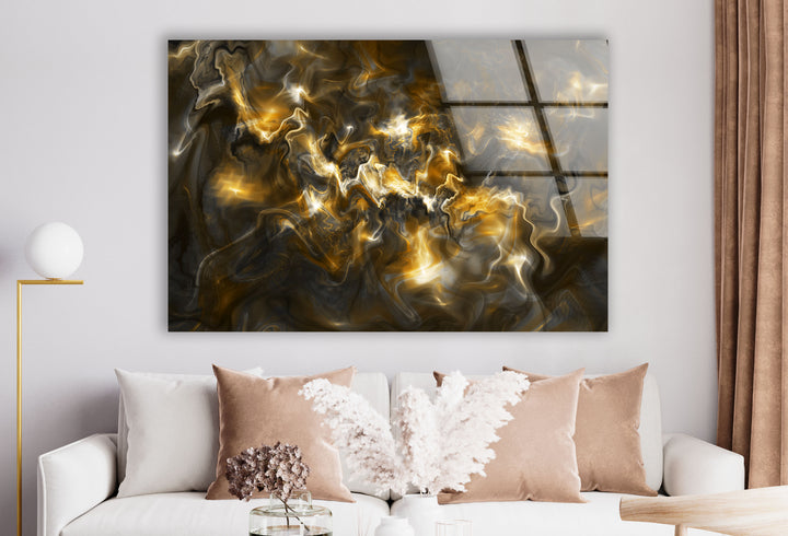 Golden Energy Wall Art – Abstract Marble Glass Print for Interiors