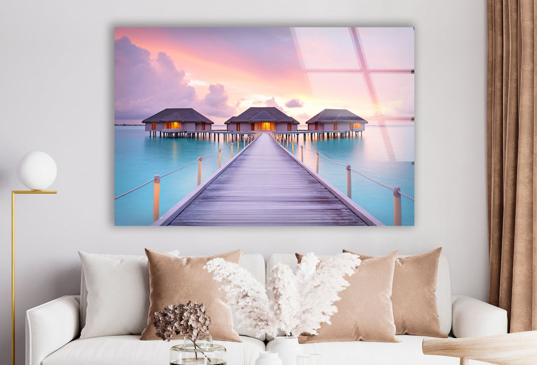 Wandkunst „Überwasserbungalows“ – Glasdruckdekor „Tropischer Sonnenuntergang“ 