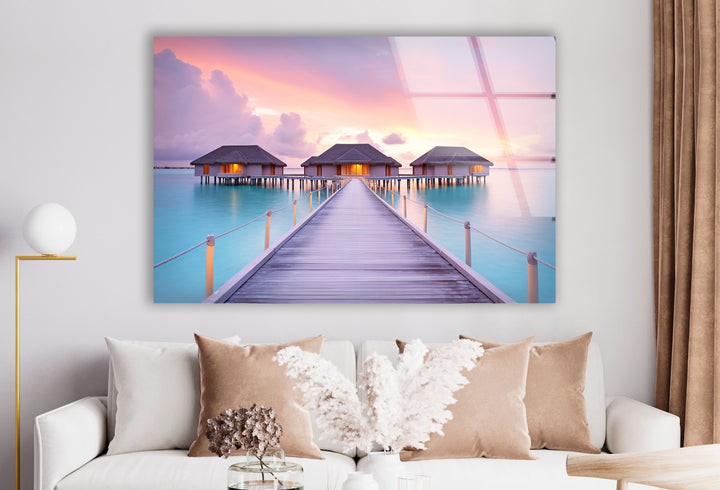 Wandkunst „Überwasserbungalows“ – Glasdruckdekor „Tropischer Sonnenuntergang“ 