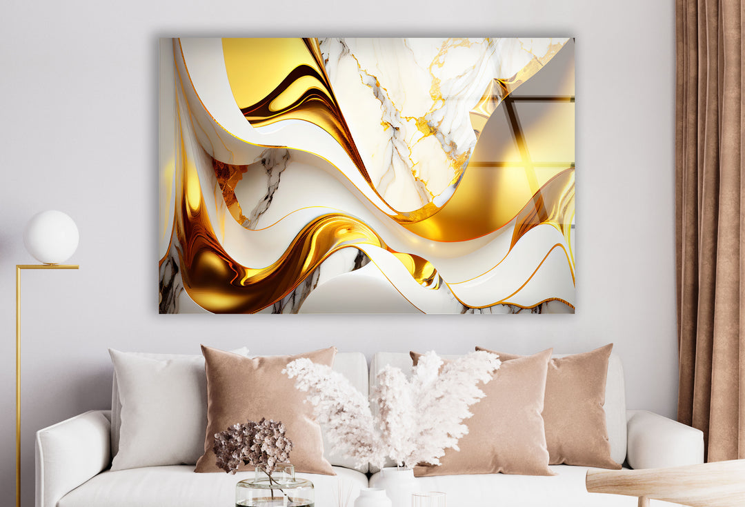 Gold Wave Marble Wall Art – Abstract Glass Print for Luxe Interiors