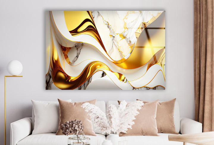 Gold Wave Marble Wall Art – Abstract Glass Print for Luxe Interiors