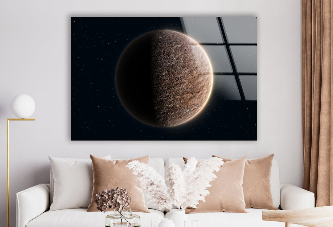 Wandkunst auf der Mondoberfläche – Minimalistischer Weltraum-Glasdruck 