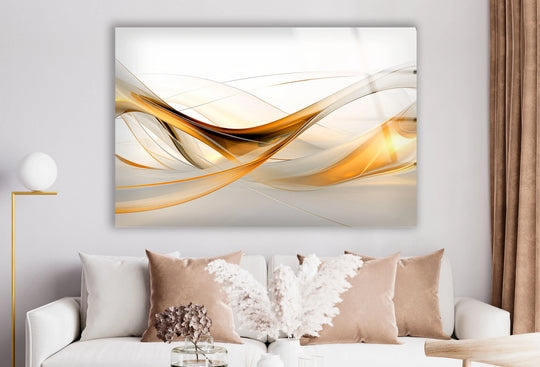 A warm, glowing amber and golden light emanates from this abstract glass wall art, creating a cozy home decor ambiance.