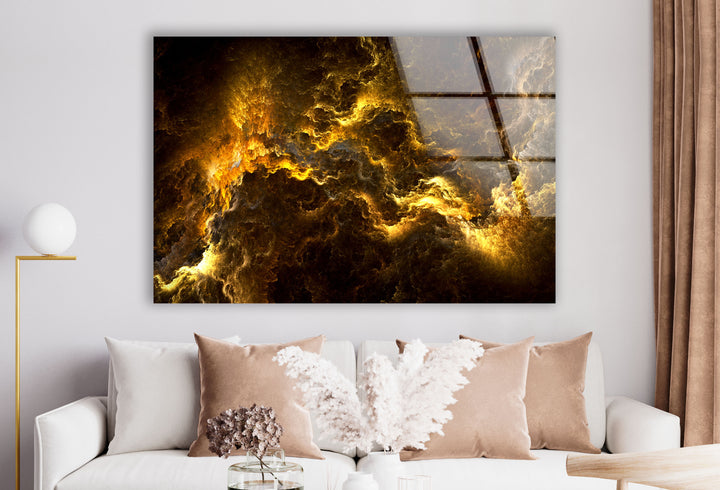 Golden Storm Nebula Wandkunst – Abstrakter kosmischer Glasdruck 