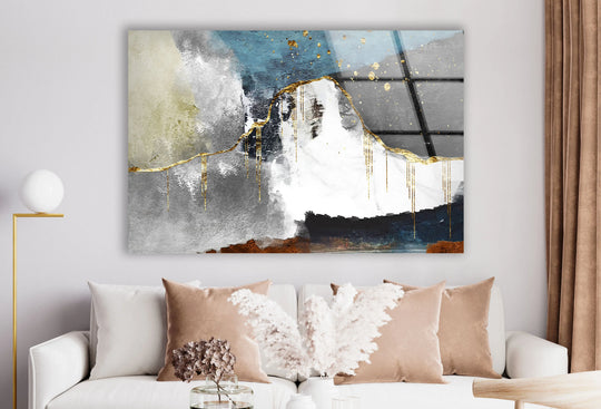 Luxurious abstract mountain glass art featuring rich textures and shimmering gold accents on durable tempered glass.