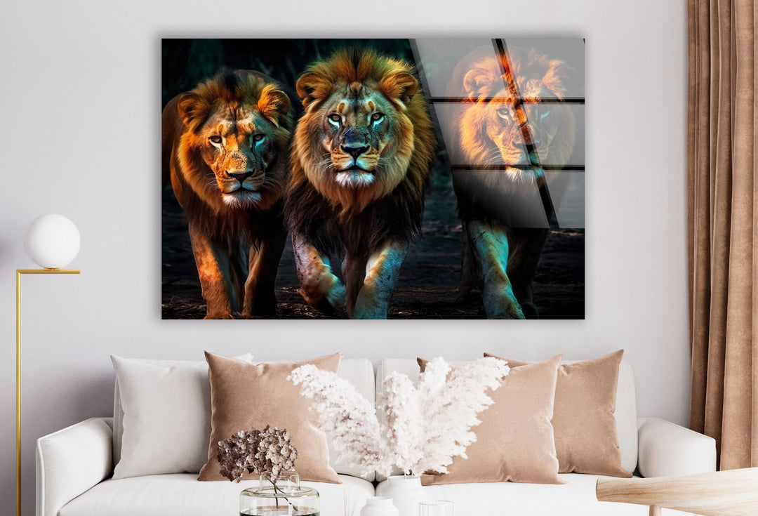 Dreifache Löwenmajestät Wandkunst – Kraftvoller Wildlife-Glasdruck 