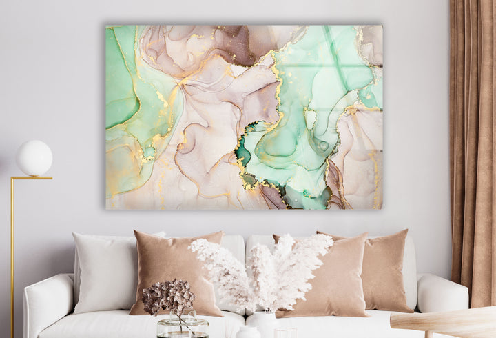 Mint & Gold Marble Wall Art – Pastel Abstract Glass Print Decor