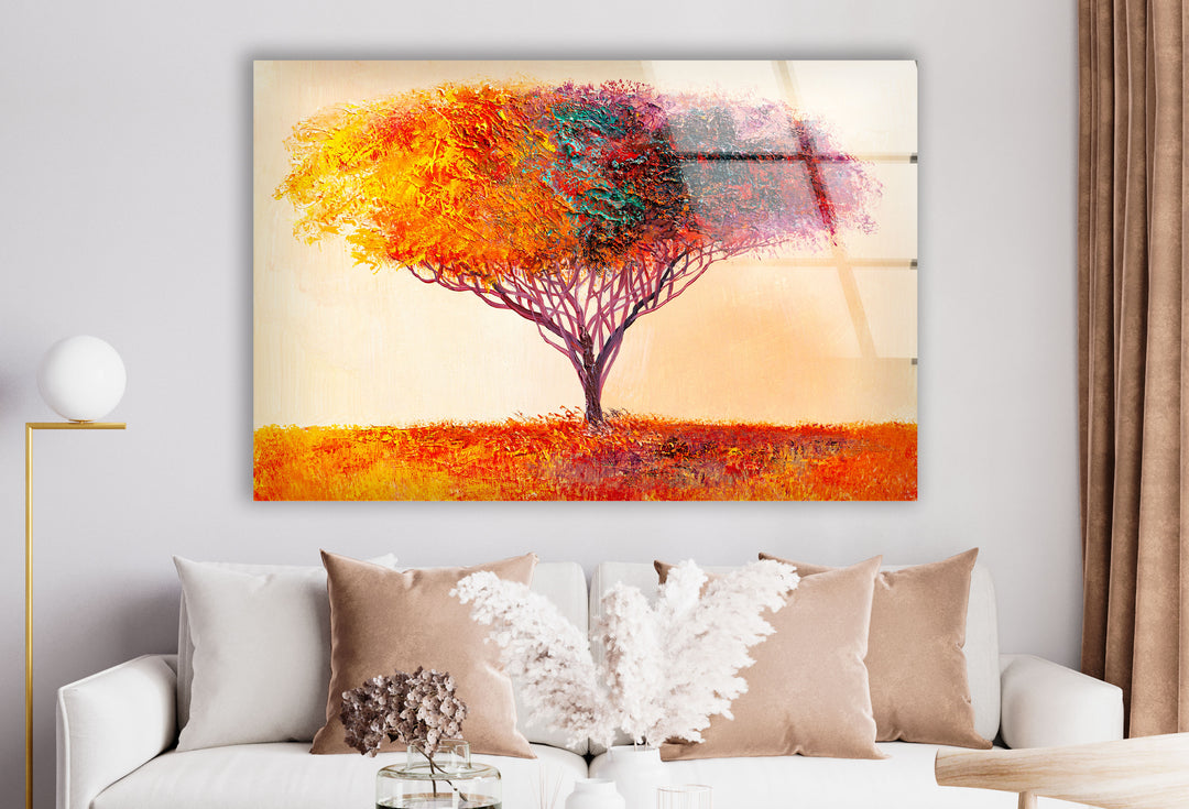 Farbenfrohe Baum-Wandkunst – Lebendiger abstrakter Naturdruck auf Glas 