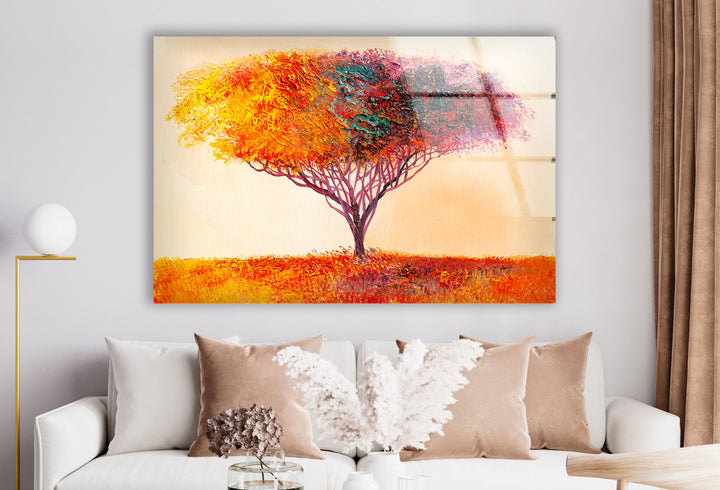 Farbenfrohe Baum-Wandkunst – Lebendiger abstrakter Naturdruck auf Glas 