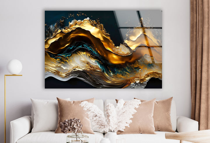 Golden Wave Abstract Wall Art – Luxury Glass Print for Interiors