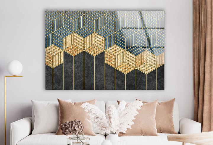 Goldene geometrische Wandkunst – Moderner Glasdruck mit Blau- und Schwarztönen 