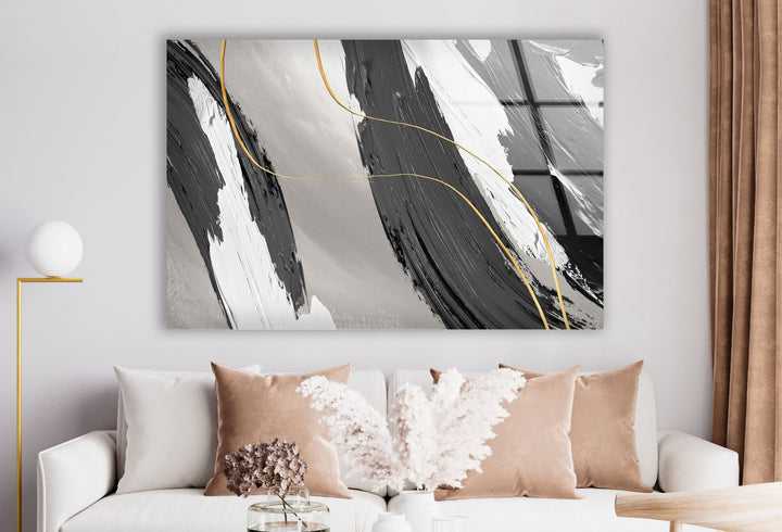 Monochrome Gold Abstract Wall Art – Glass Print for Modern Interiors