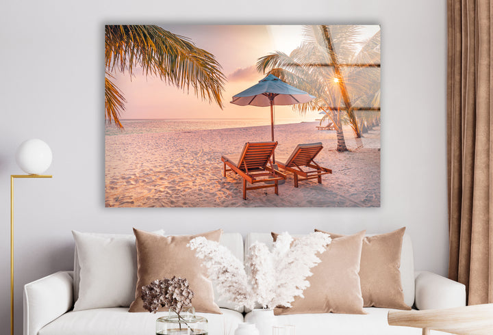 Tropical Beach Sunset Wall Art – Relaxing Seaside Glass Print