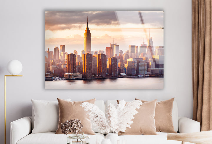 Glaswandkunst des Empire State Buildings – Atemberaubende Skyline von NYC bei Sonnenuntergang
