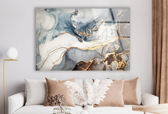 Abstract print wall art featuring a luxurious blue and gold marble design with ample negative space.
